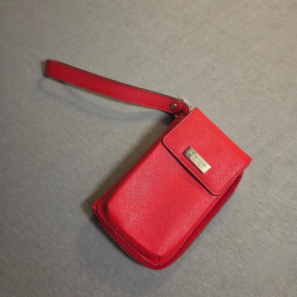 Kate Spade New York Red Saffiano Leather Wristlet Wallet Zip Around Card Case